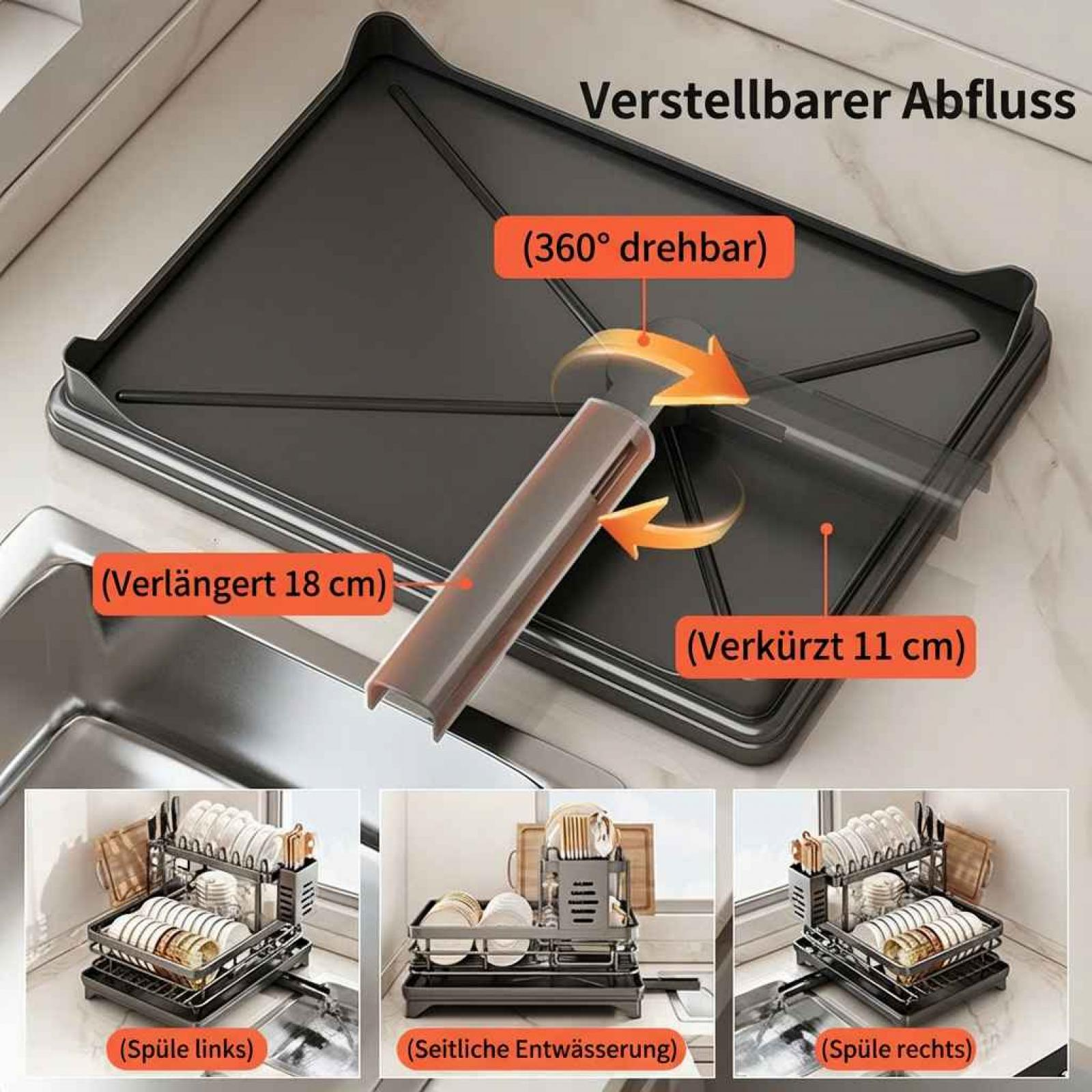 Verstellbarer Abfluss, 360° drehbar, 18 cm verlängerbar, 11 cm verkürzbar.