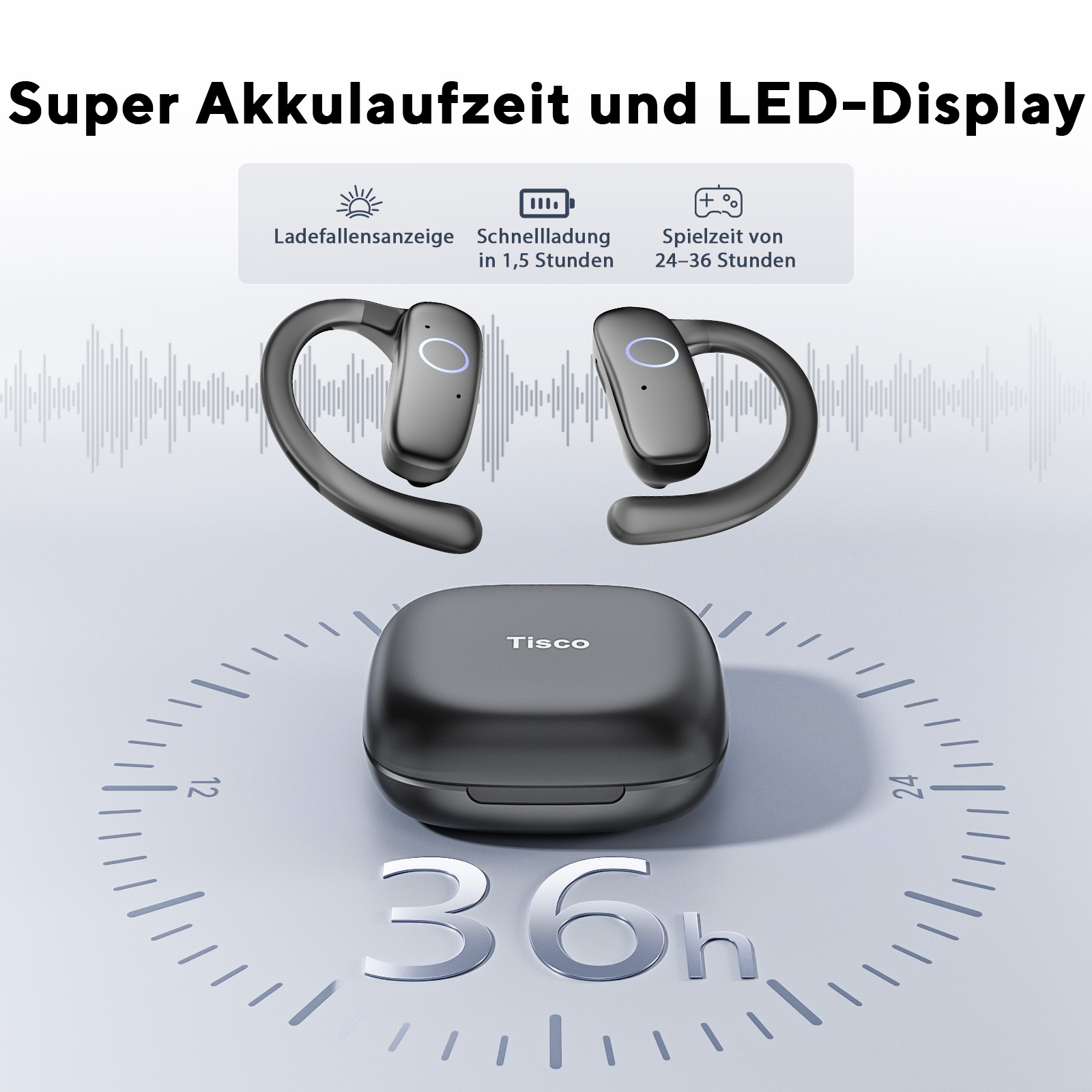 Schwarze TWS-Kopfhörer mit Ladecase, über einer Uhr und Wellenform-Grafik.