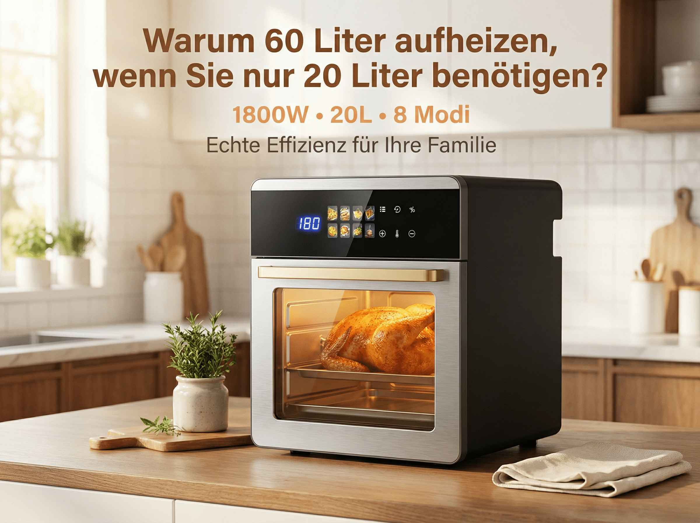 Ein Brathendl wird in einem silbernen und schwarzen Ofen gebacken. Text fragt nach Effizienz.