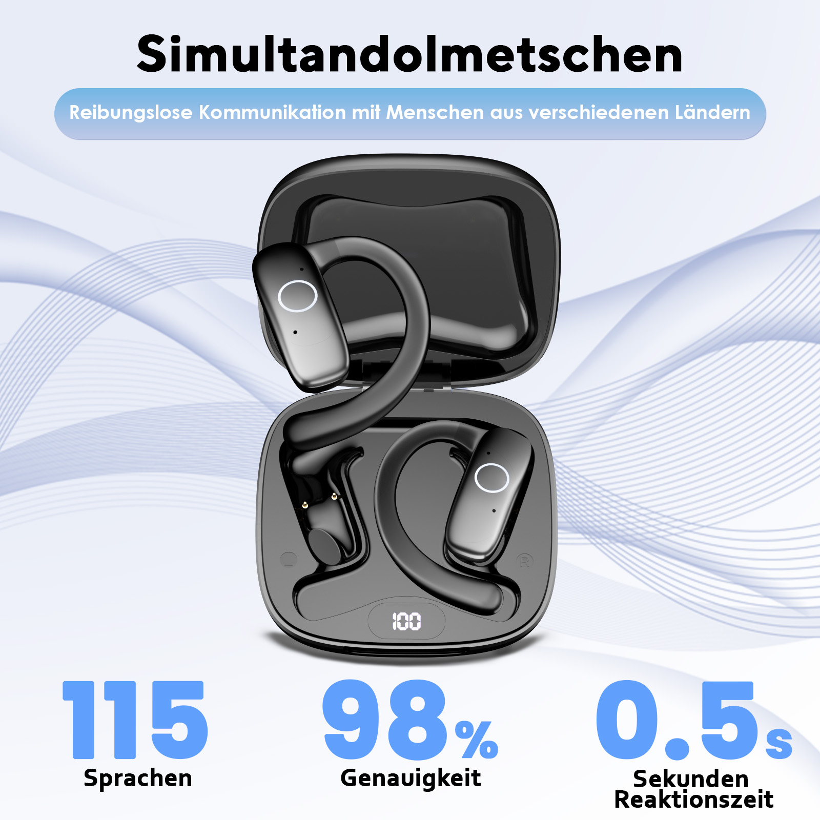 Schwarze kabellose Kopfhörer mit Ladecase, 115 Sprachen, 98% Genauigkeit, 0,5s Reaktionszeit.