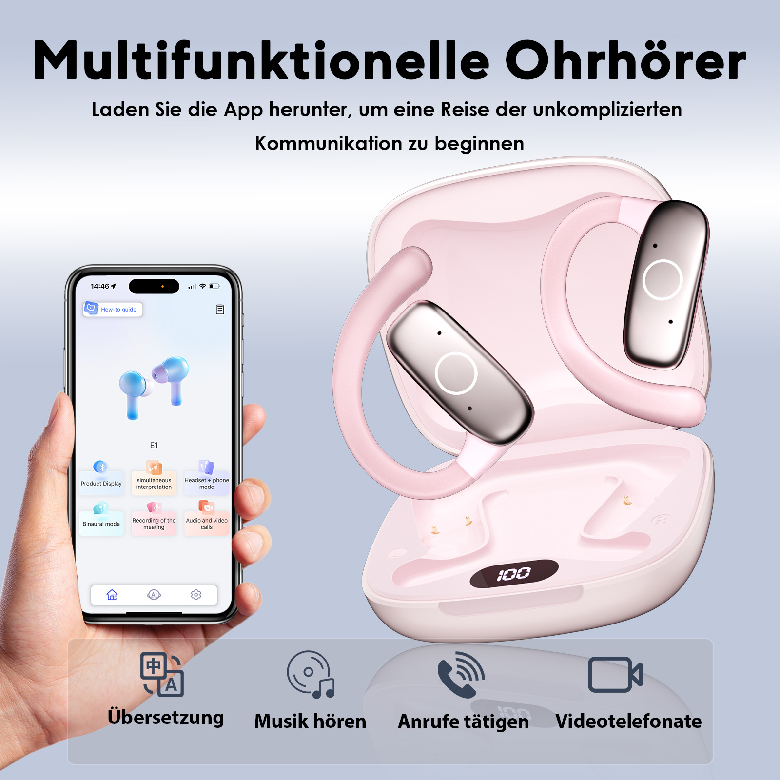 Pinke kabellose Ohrhörer mit Ladecase und einem Smartphone, das die App zeigt.