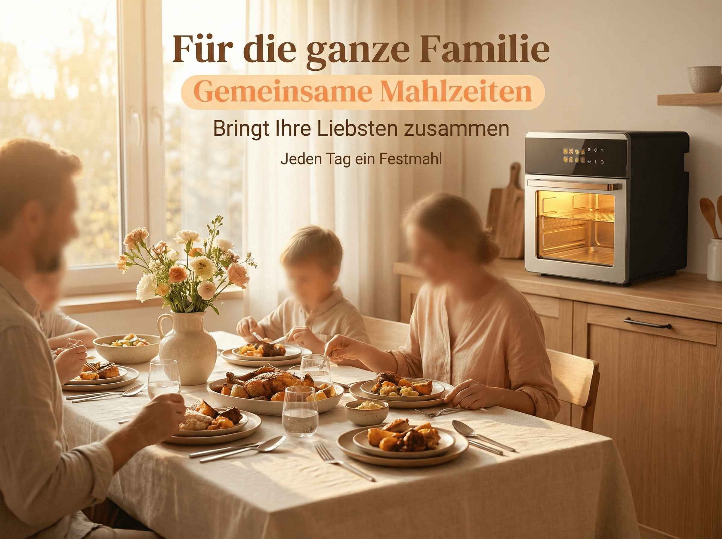 Familie isst am Tisch, ein Ofen steht rechts im Hintergrund.