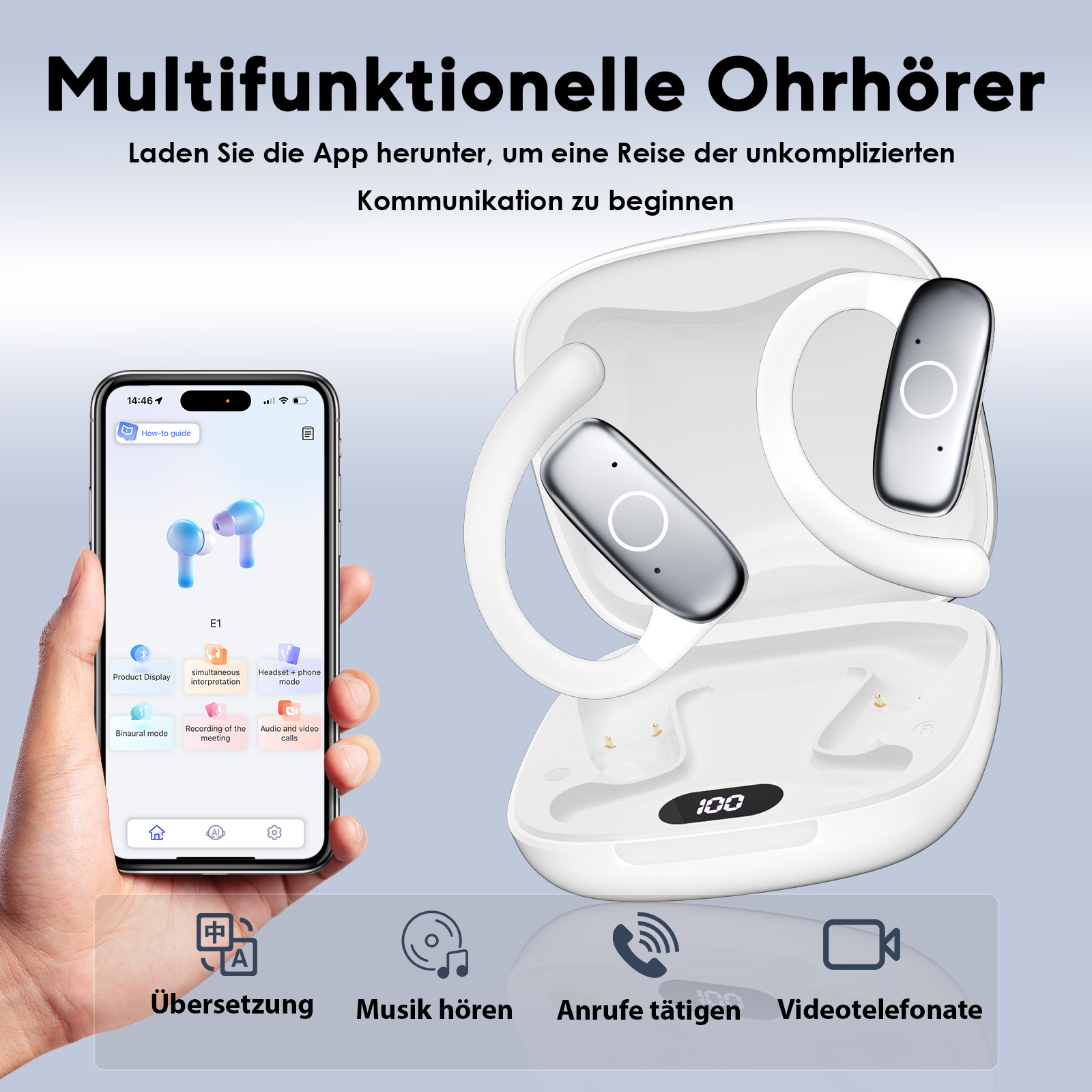 Ein Smartphone zeigt eine App mit Kopfhörern. Daneben liegen weiße Kopfhörer in einem Ladecase.