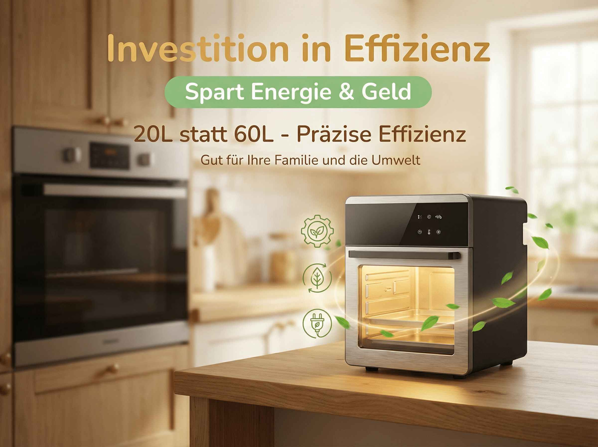Ein moderner Airfryer auf einem Holztisch mit einem Ofen im Hintergrund.