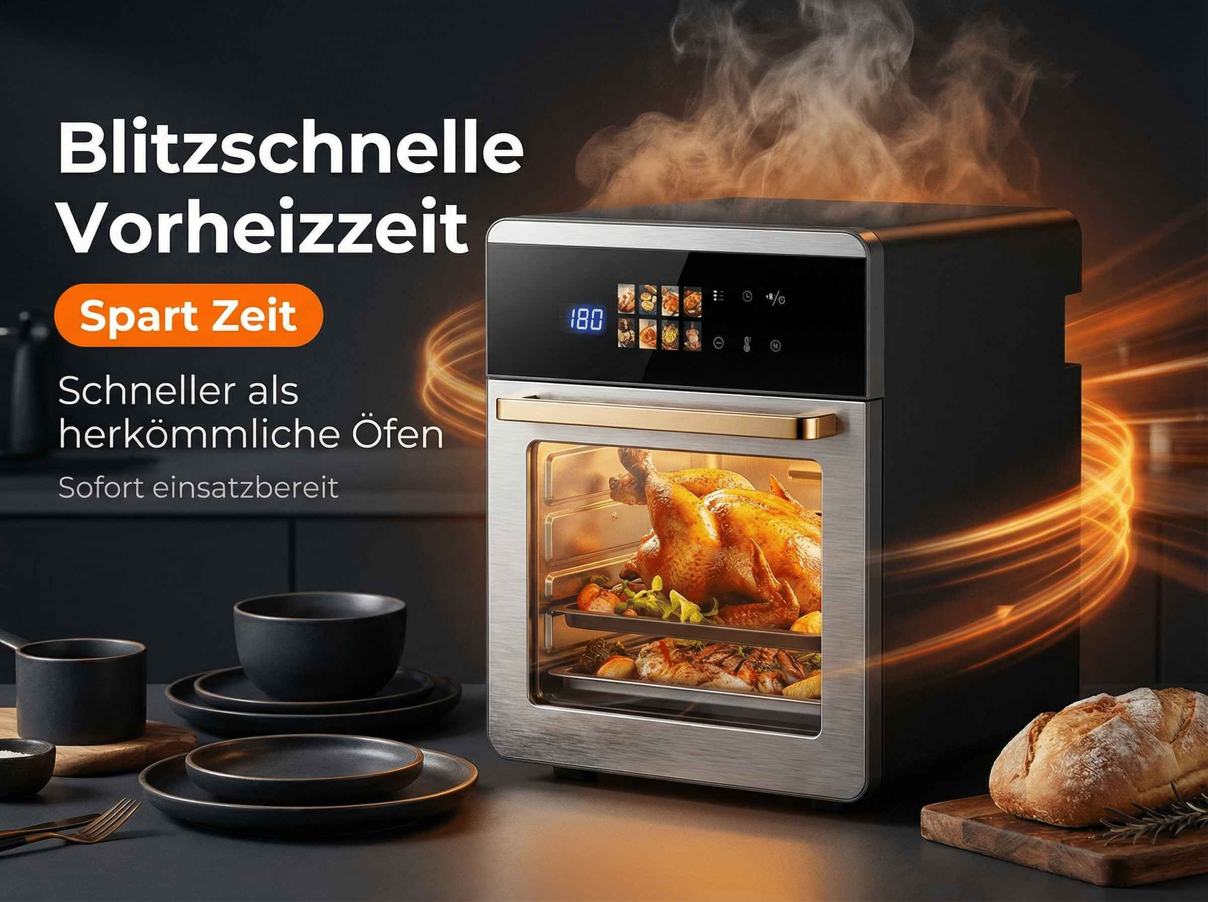 Ein Hähnchen und Fisch werden in einem Ofen mit Dampf zubereitet. Daneben liegen Brot und Geschirr.