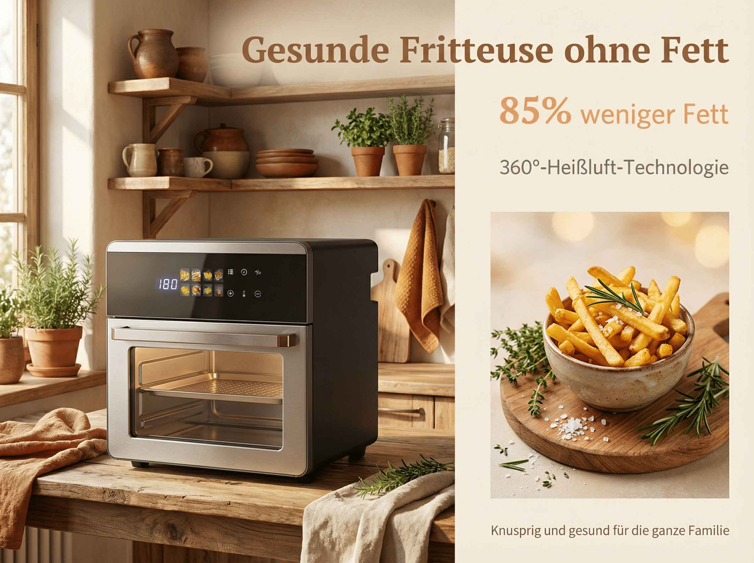 Eine Heißluftfritteuse neben einem Teller Pommes Frites mit Kräutern.