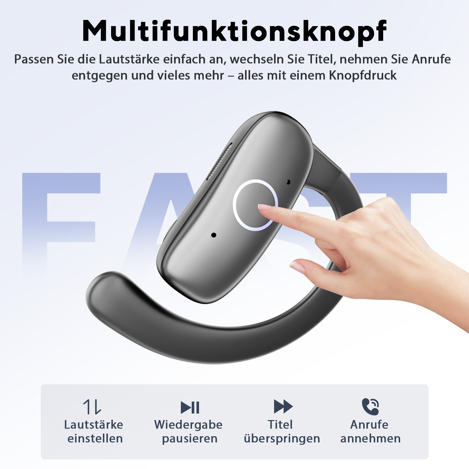 Eine Hand drückt auf einen multifunktionalen Kopfhörerknopf.