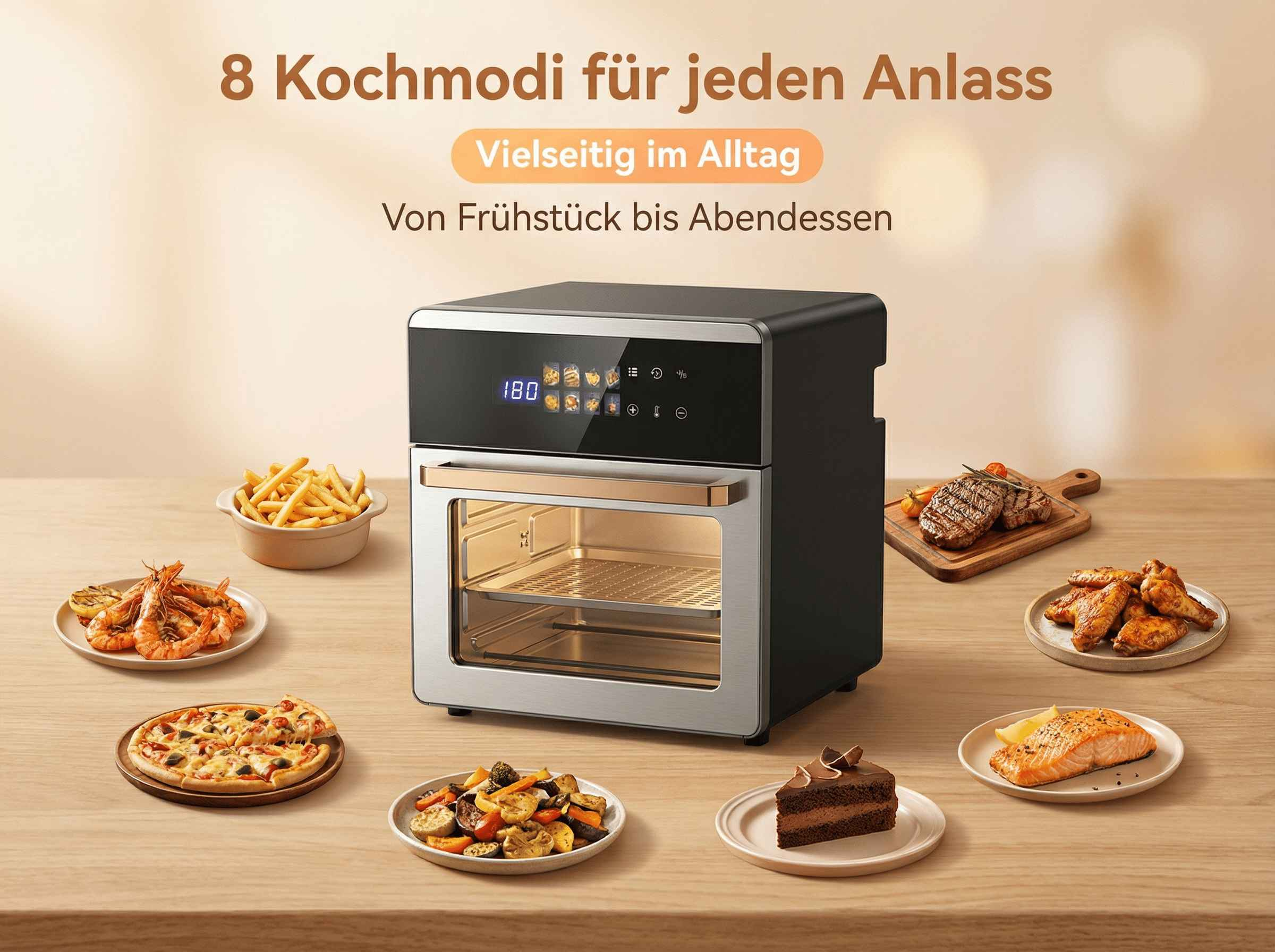 Ein Airfryer mit verschiedenen Gerichten wie Garnelen, Steak, Pizza und Kuchen.