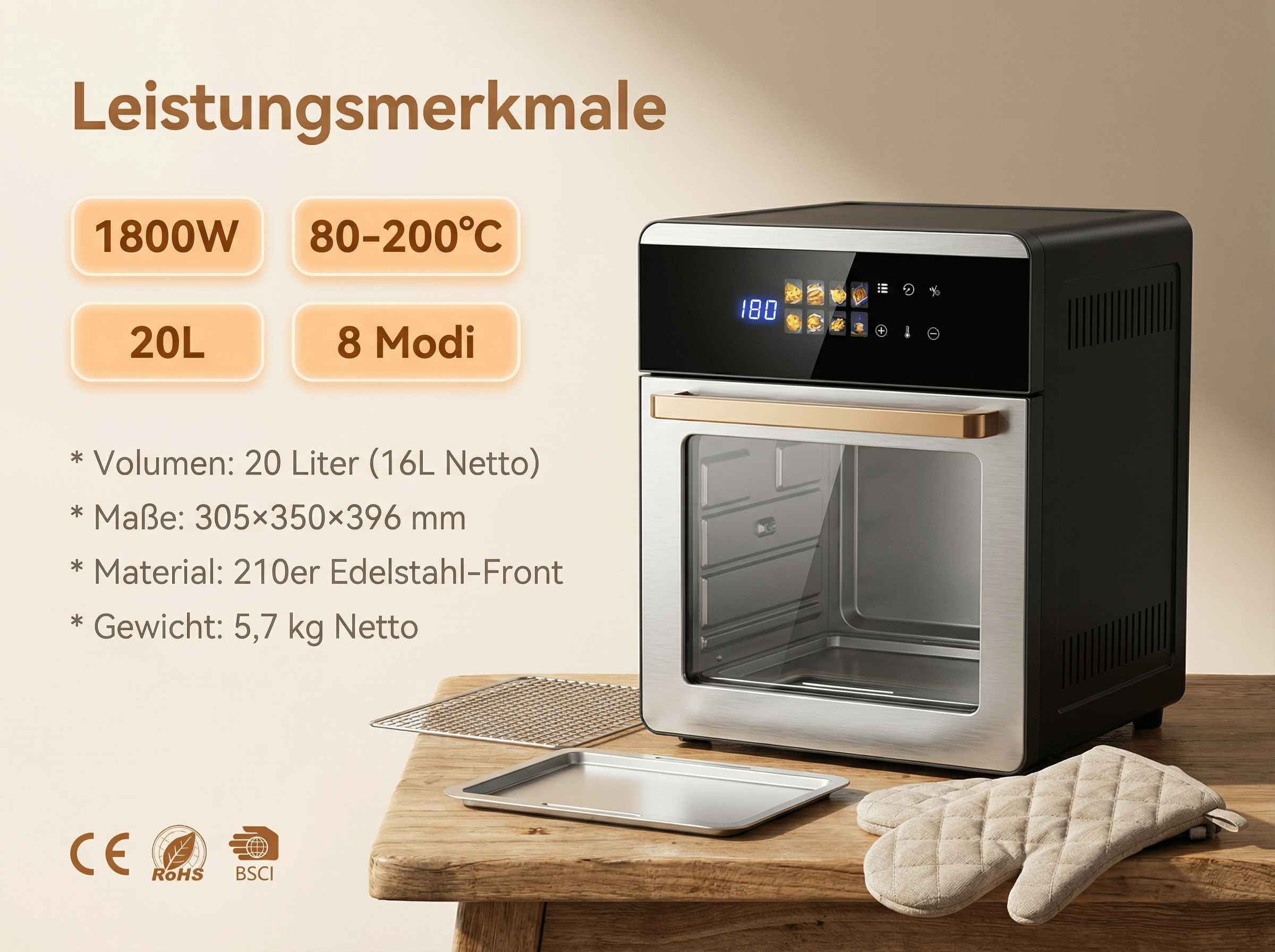 Ein moderner schwarzer Heißluftfritteusenofen mit silbernen Akzenten und digitaler Anzeige.