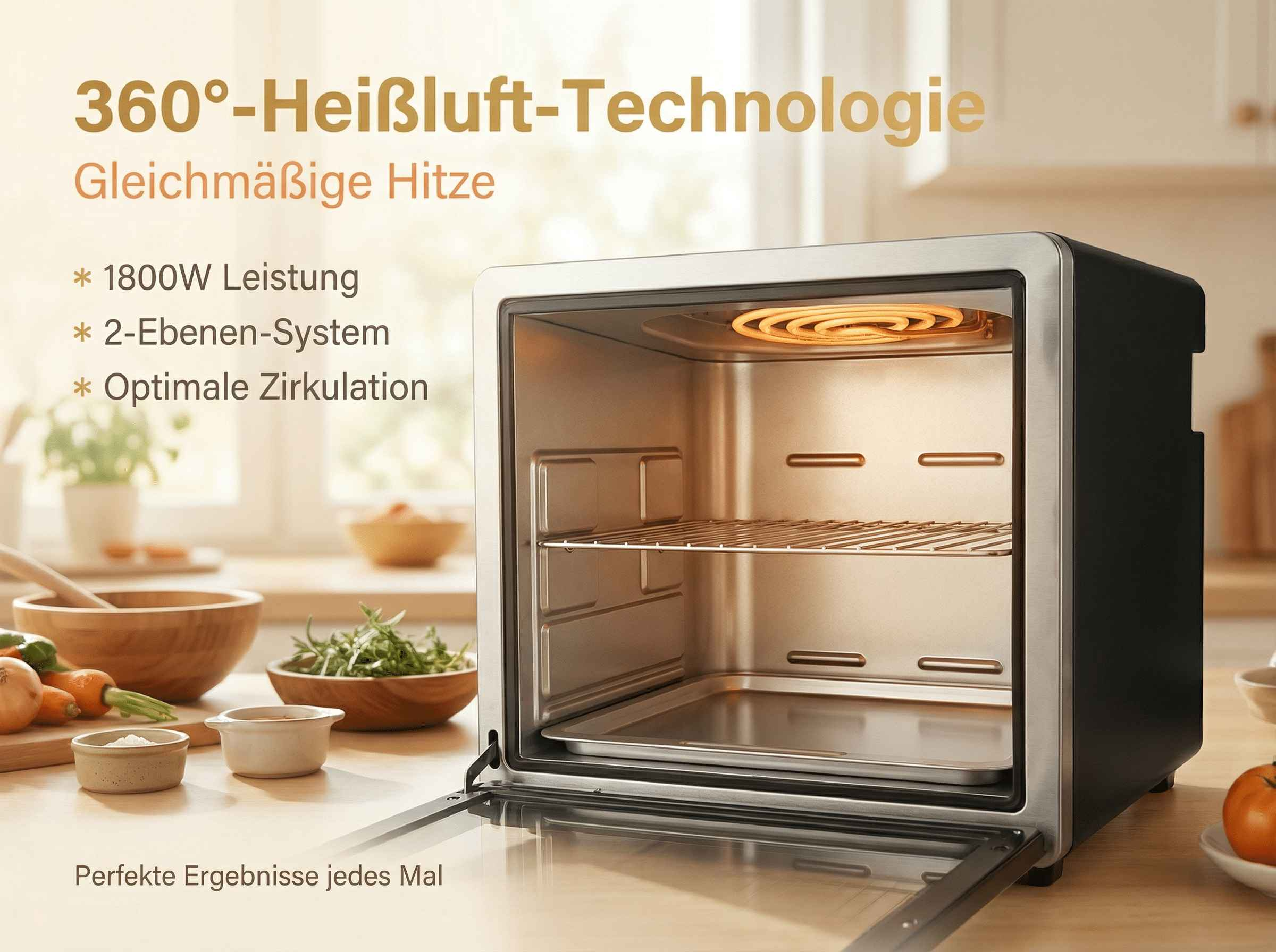 Ein moderner Heißluftofen mit Glaseinsicht, bereit für den Einsatz.
