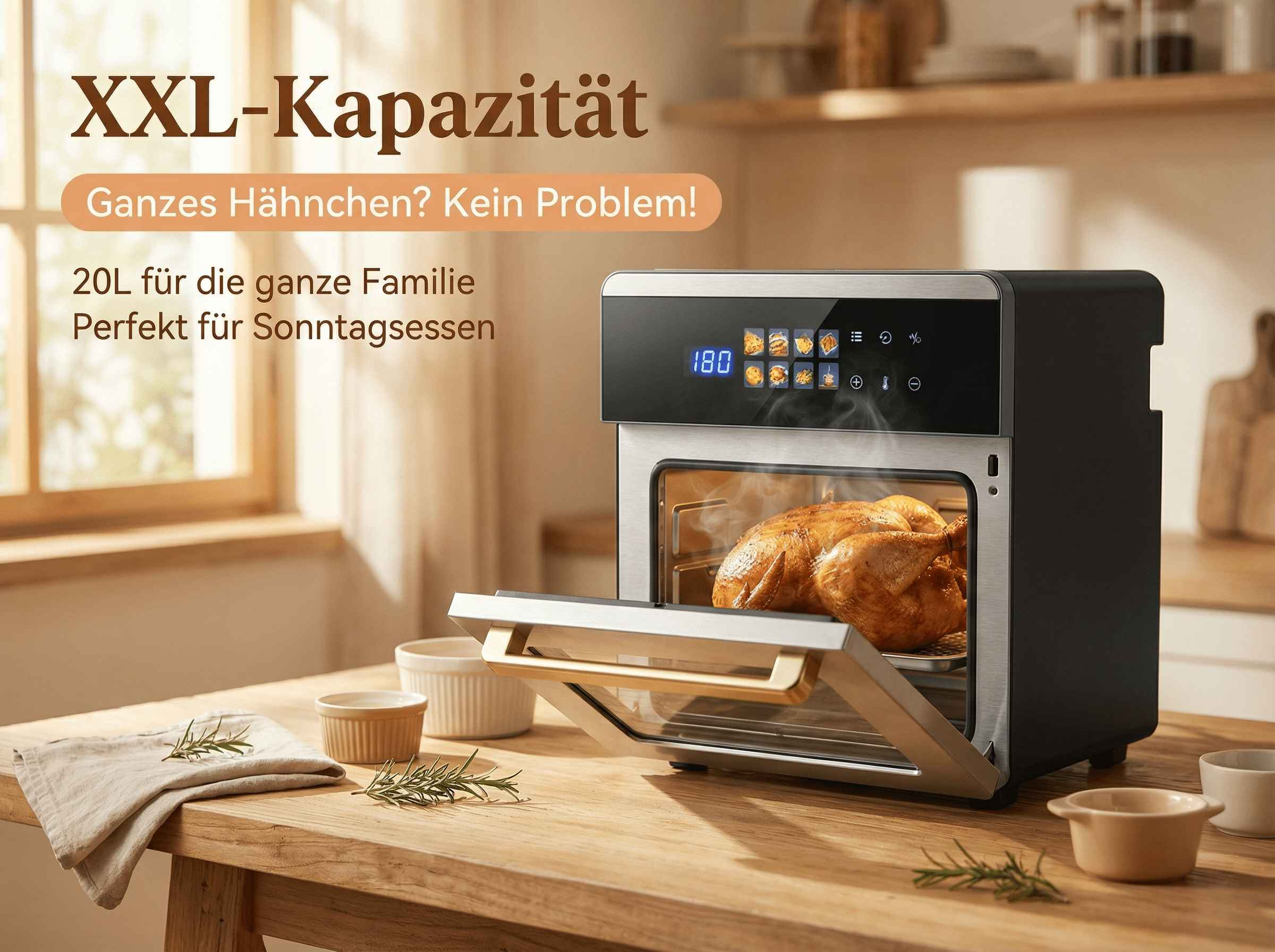 Ein großes Hähnchen gart in einem silbernen Ofen mit geöffneter Tür.