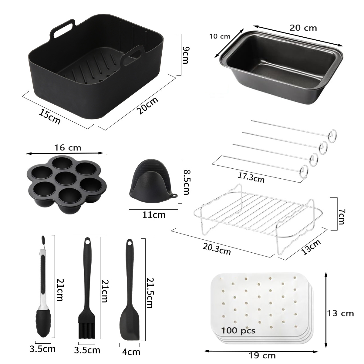 Küchenzubehör-Set für Heißluftfritteusen mit Silikonformen, Blech, Spießen und mehr.