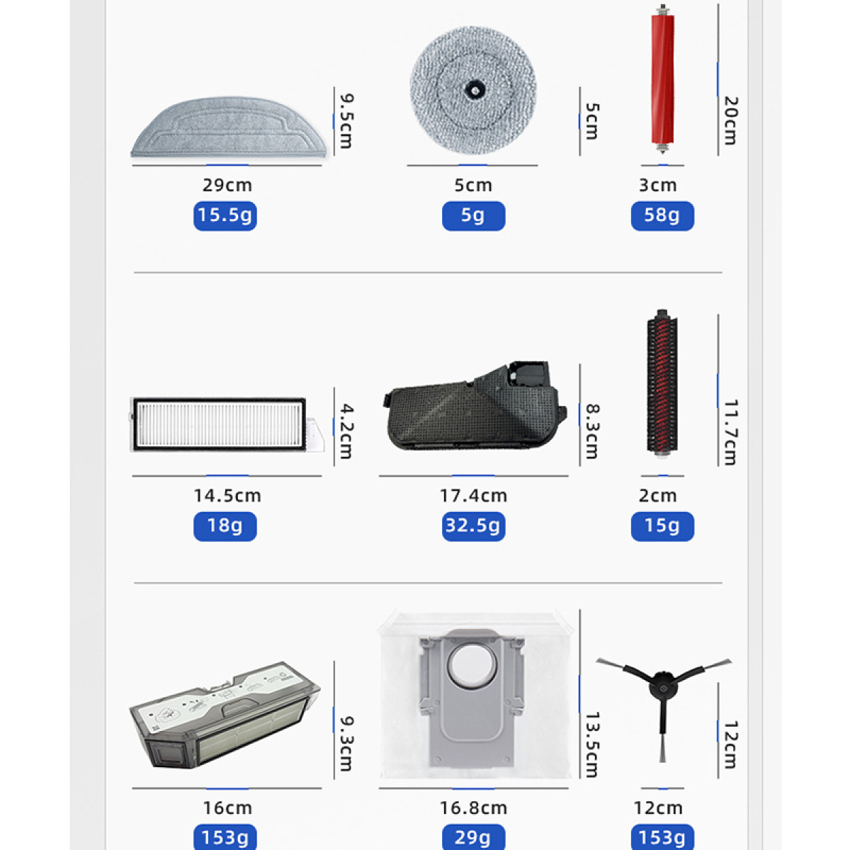 Robotstofzuigeronderdelen: dweilpads, borstel, filters, stofbak, zijborstel.