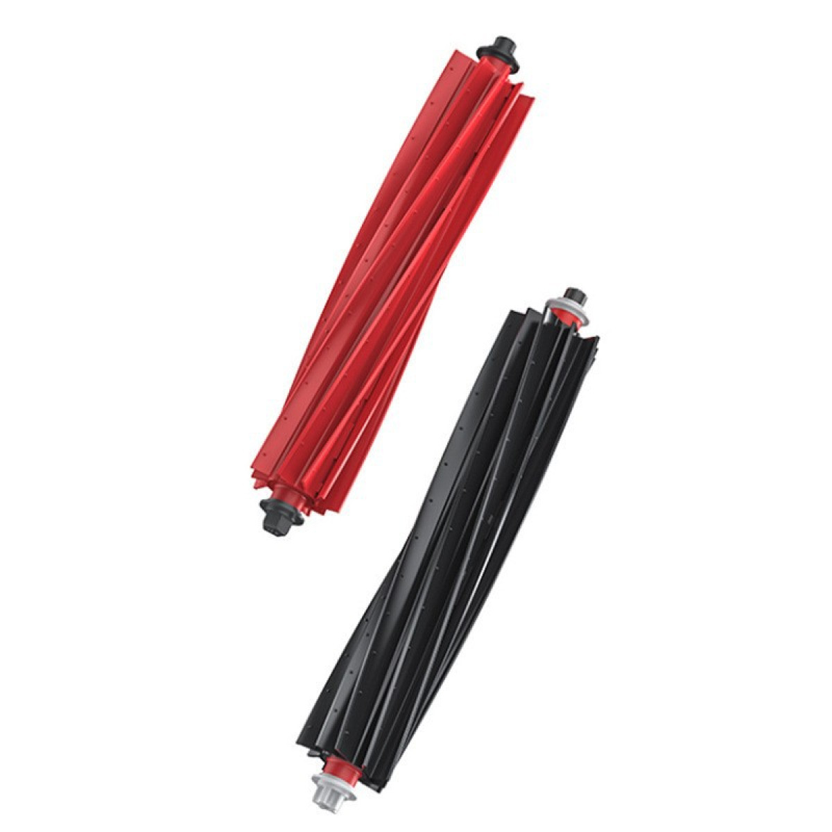 Een rode en een zwarte rollerborstel met lamellen, geïsoleerd op wit.