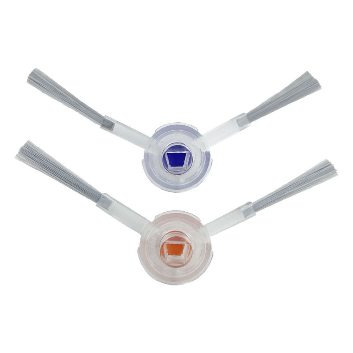 Dwa zapasowe szczotki z szarym włosiem i kolorowymi piastami: niebieska i pomarańczowa.