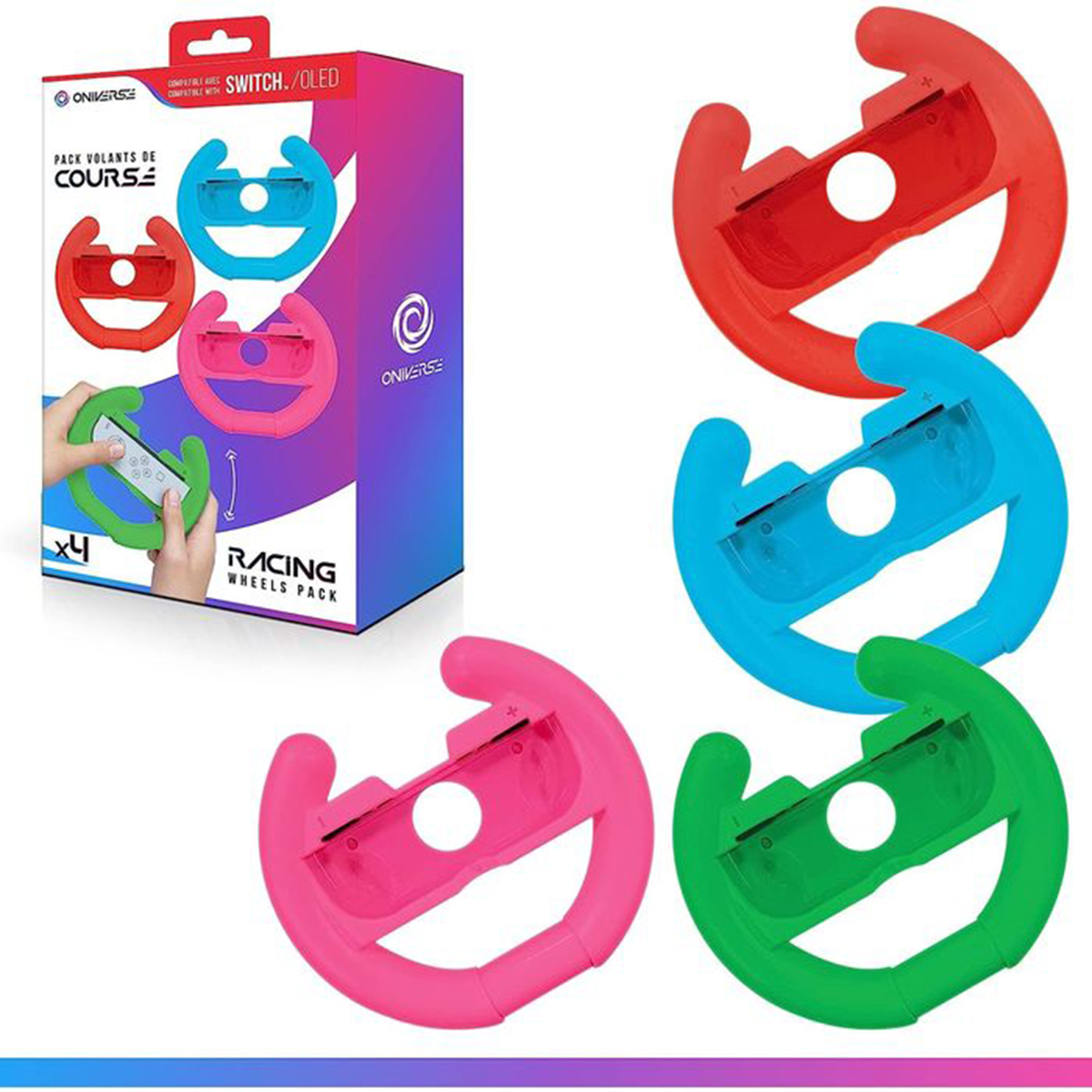 Vier bunte Rennlenkräder für Nintendo Switch, darunter rot, blau, pink und grün.