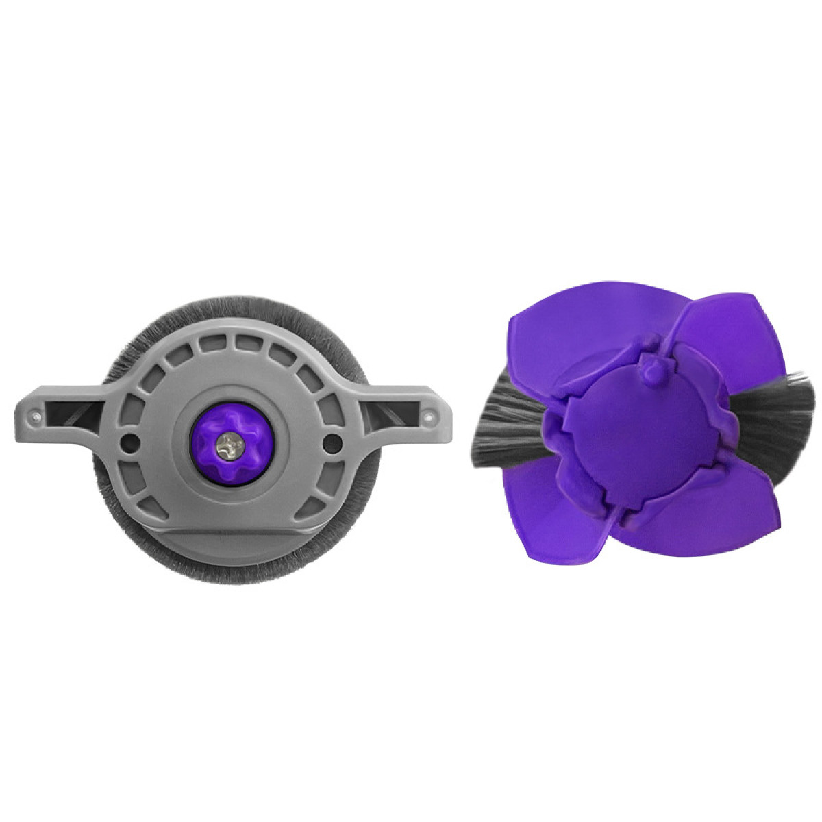 Szary nasadkę szczotkową odkurzacza z fioletowym środkiem obok fioletowej główki szczotki.