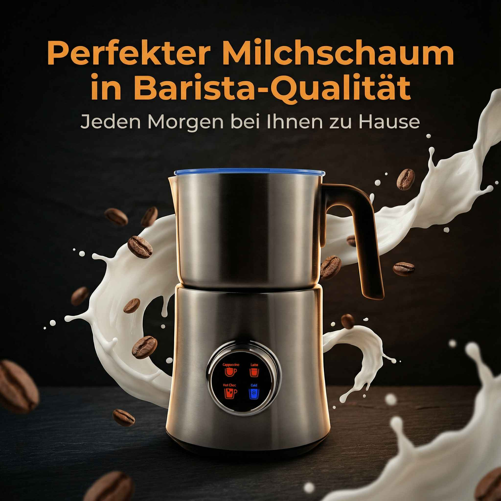 Edelstahl-Milchaufschäumer mit Kaffee und Milchspritzern.
