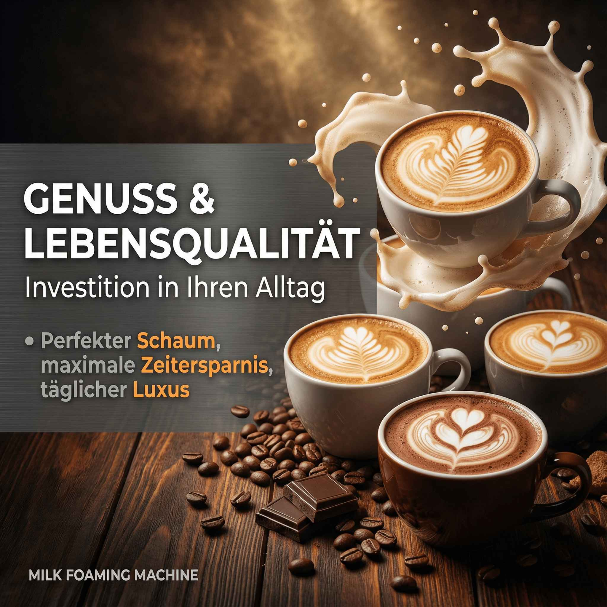 Kaffee mit Milchschaum, Kaffeebohnen und Schokolade auf einem Holztisch.