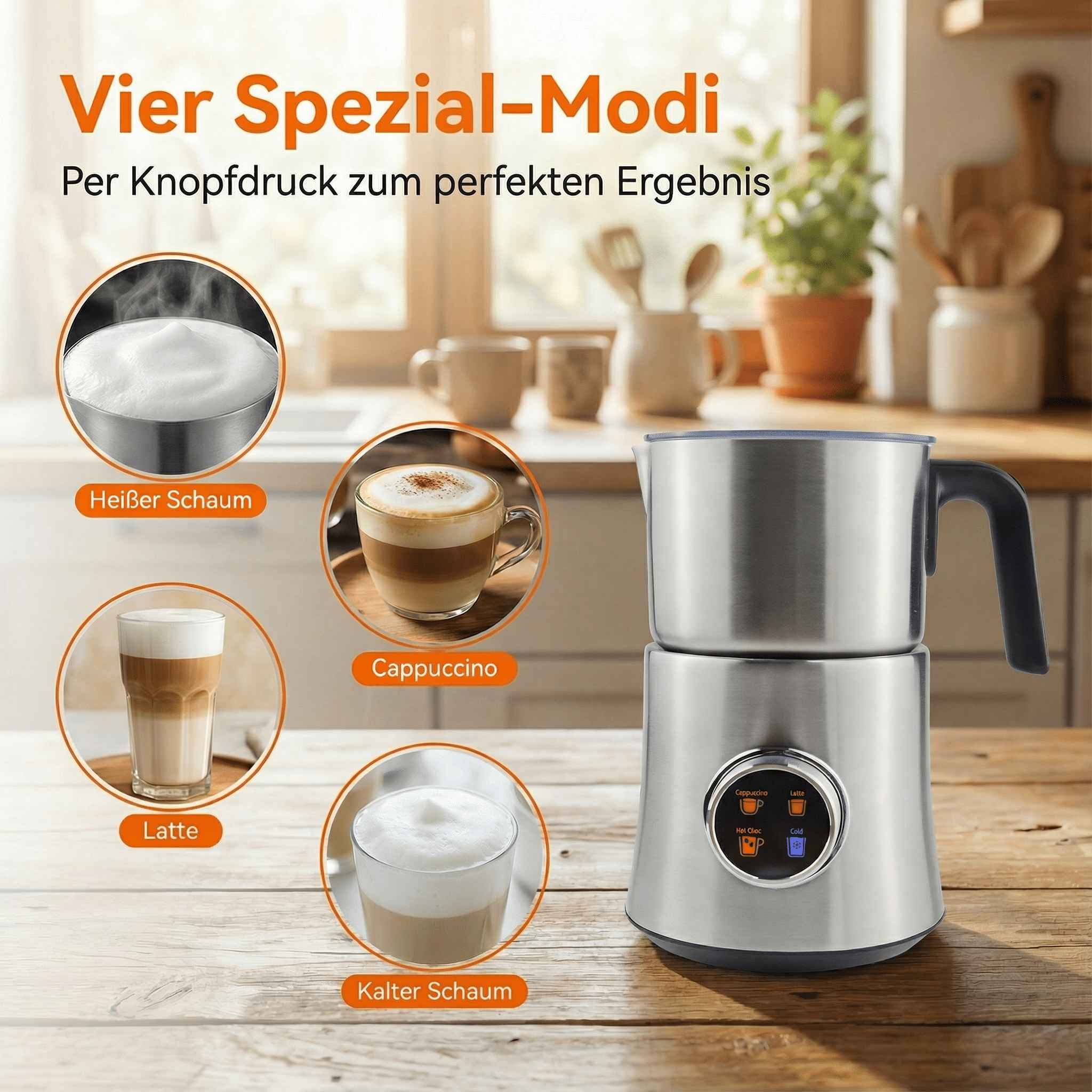 Edelstahl-Milchaufschäumer mit vier Modi: heißer Schaum, Latte, Cappuccino, kalter Schaum.