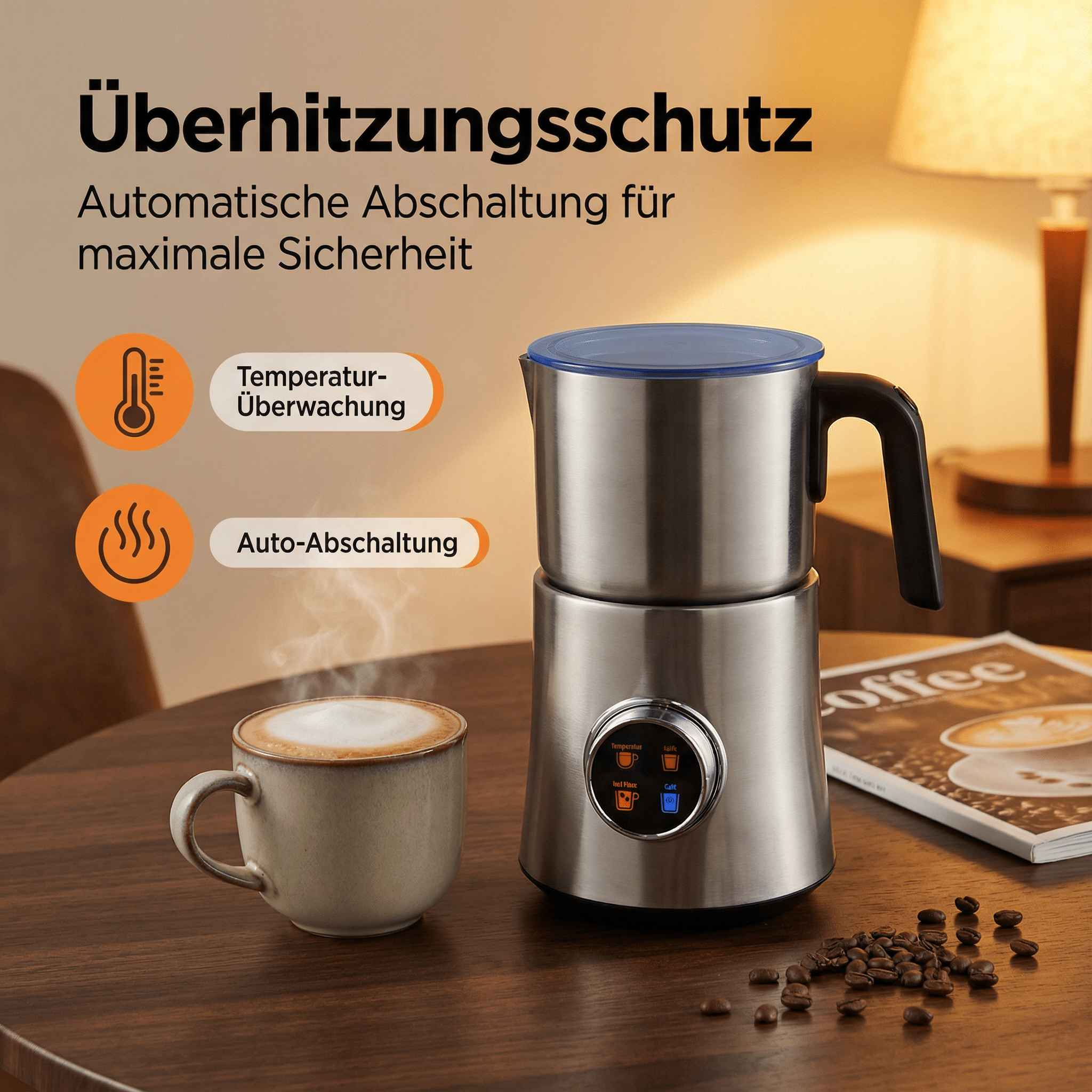 Milchaufschäumer mit Tasse und Kaffeebohnen auf Holztisch.