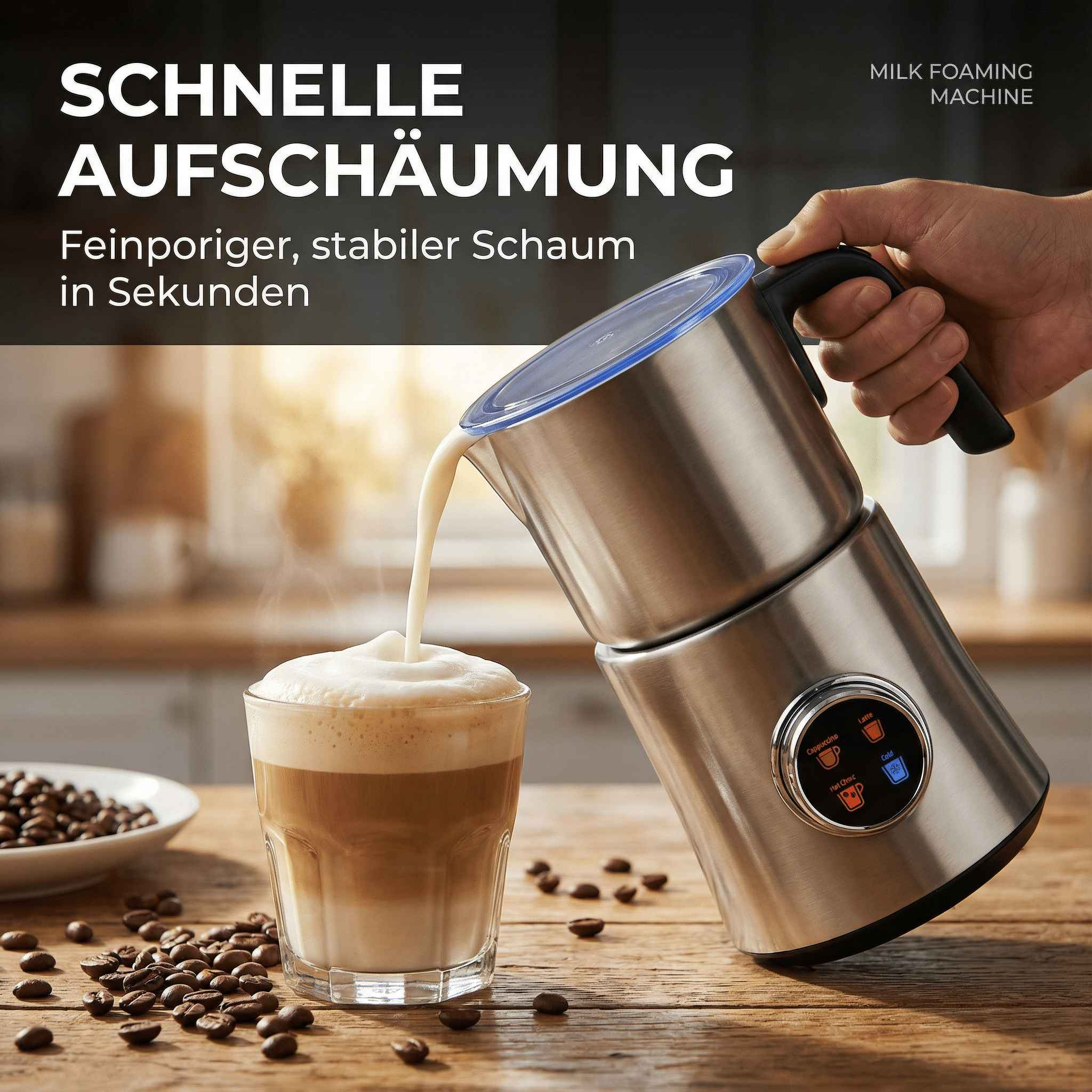 Milchaufschäumer schäumt Milch in ein Glas für Latte. Kaffeebohnen liegen auf dem Tisch.