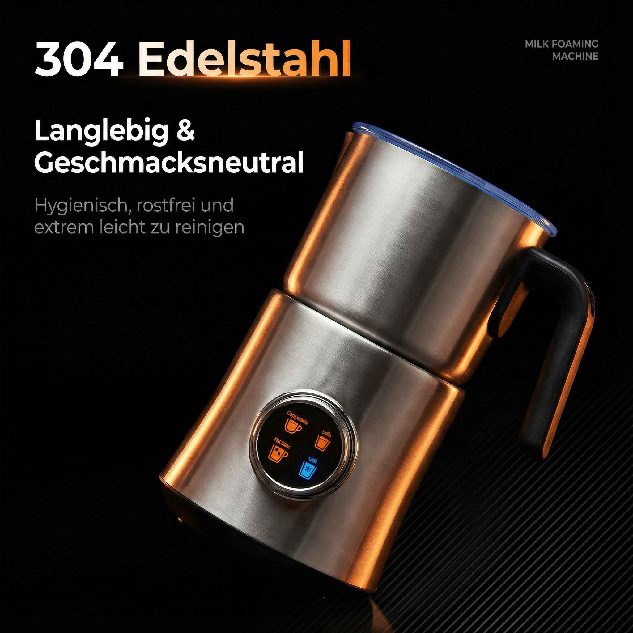 Edelstahl Milchaufschäumer mit Bedienknöpfen.