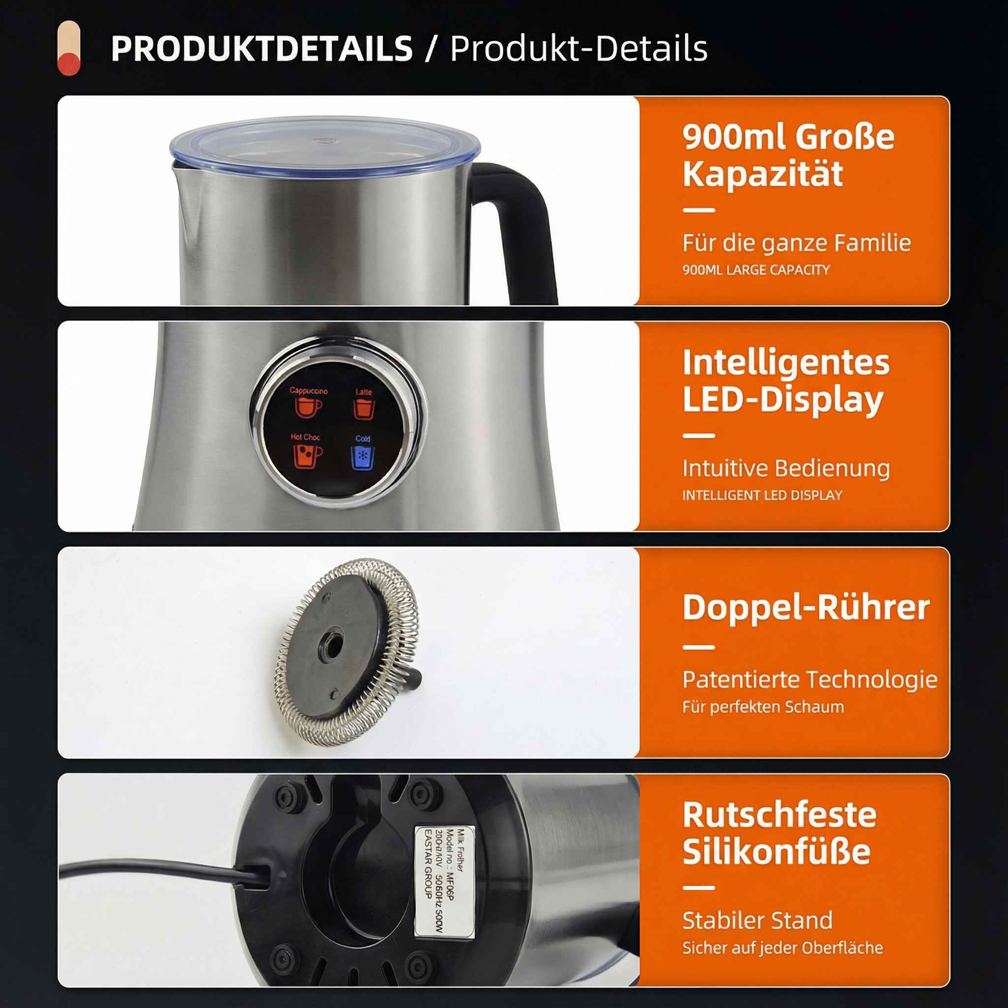 Edelstahl-Milchaufschäumer mit LED-Display, 900ml Kapazität, Doppelrührer.
