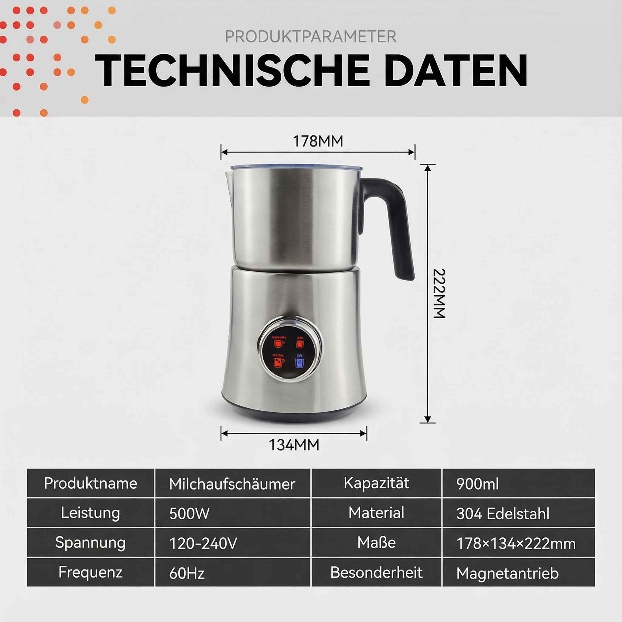 Edelstahl Milchaufschäumer mit Maßen 178x134x222mm und 900ml Kapazität.