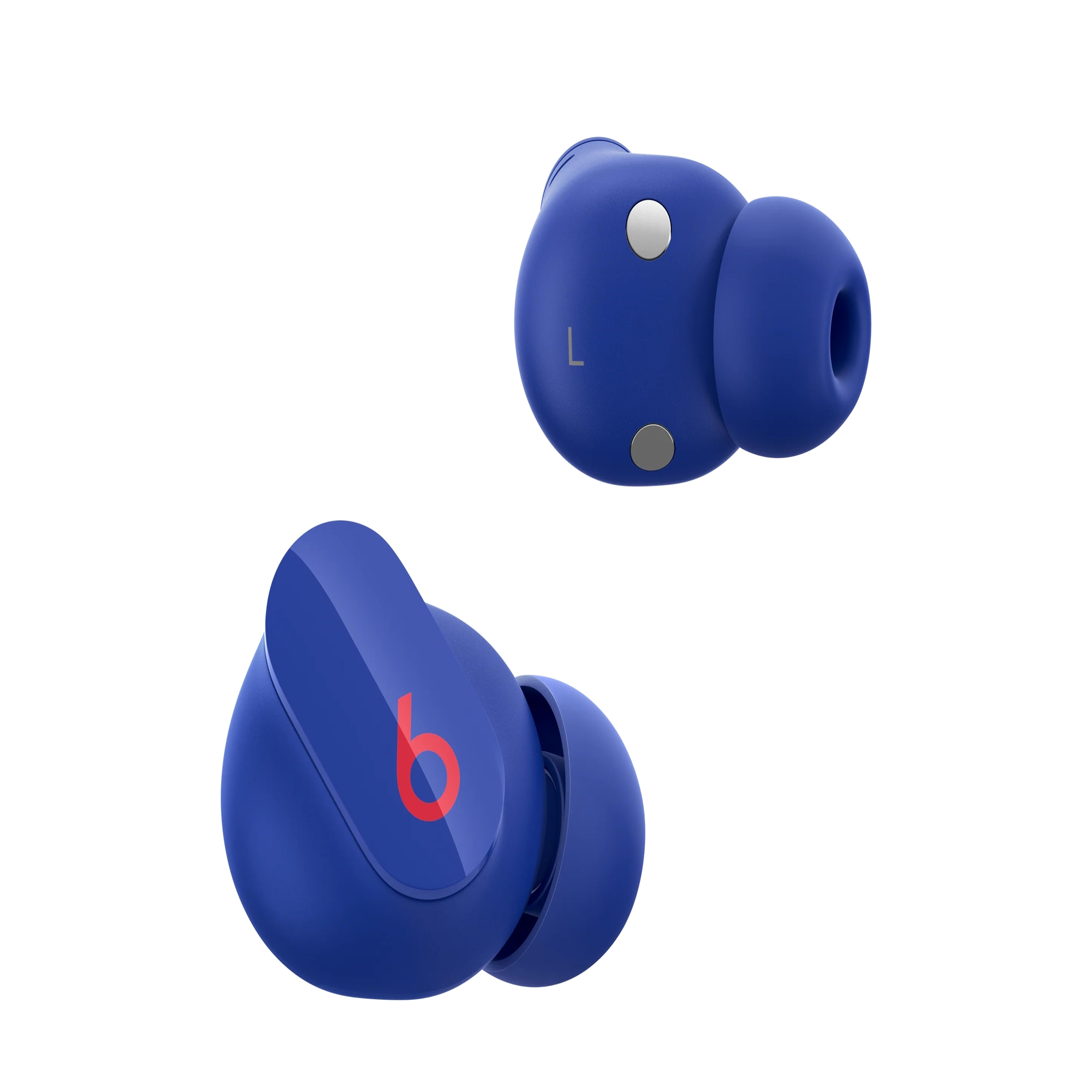 Dwa niebieskie słuchawki bezprzewodowe z czerwonymi logo Beats na białym tle.