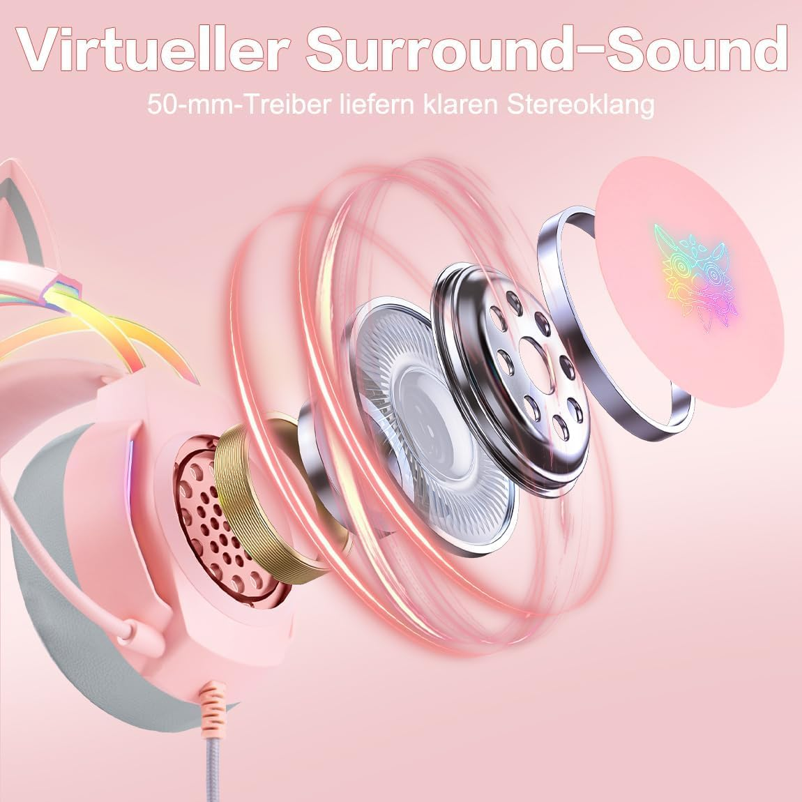 Explodierte Ansicht eines rosa Kopfhörers mit 50-mm-Treibern und detaillierter Mechanik.