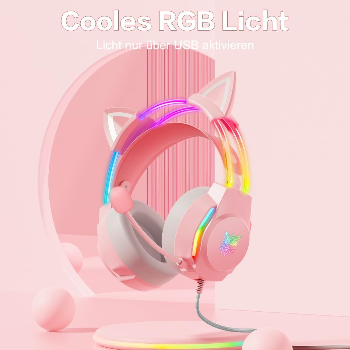 Rosa Gaming-Kopfhörer mit Katzenohren und RGB-Beleuchtung auf einem Ständer.