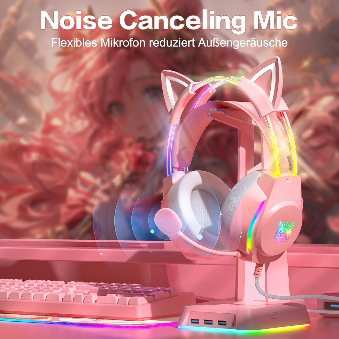 Ein rosa Headset mit Katzenohren steht auf einem Ständer neben einer Tastatur.