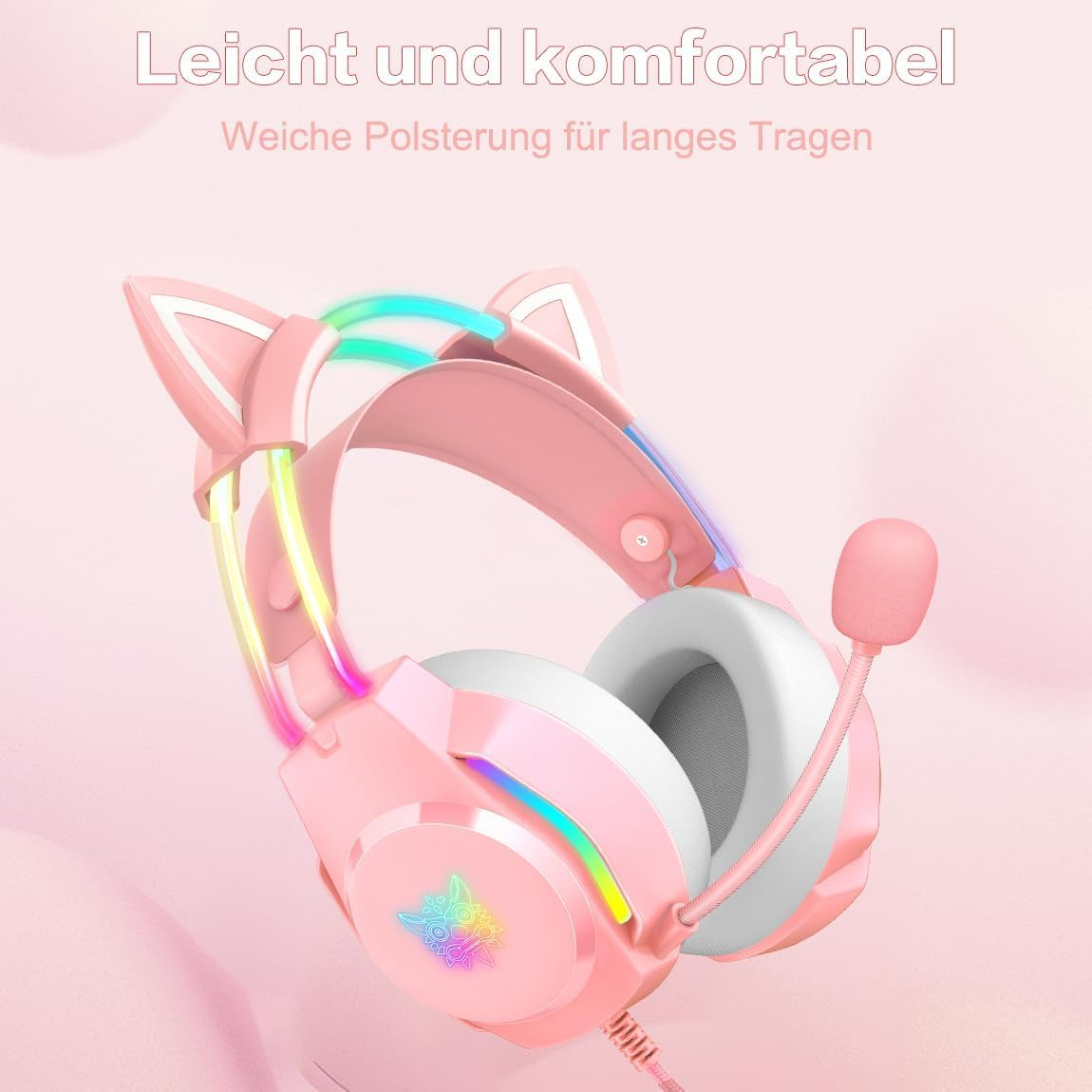 Ein rosafarbener Gaming-Kopfhörer mit Katzenohren und bunten Lichtern.