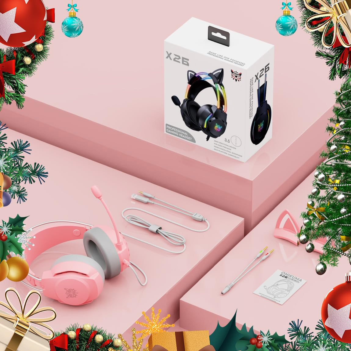 Ein rosa Headset mit Mikrofon und eine schwarze Headset-Box mit Katzenohren.