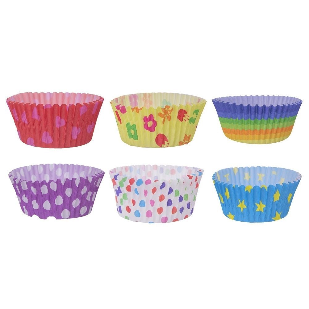 Seis capacillos de papel coloridos con varios diseños.