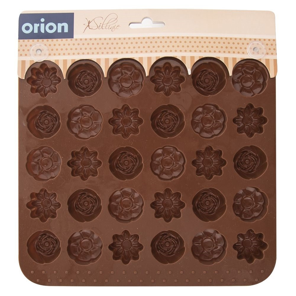 Molde de silicona marrón con 25 diseños de flores y rosas para bombones o cubitos.
