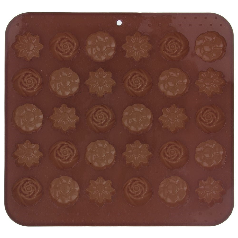 Molde de silicona marrón con 24 cavidades en diseños de flores y rosas.