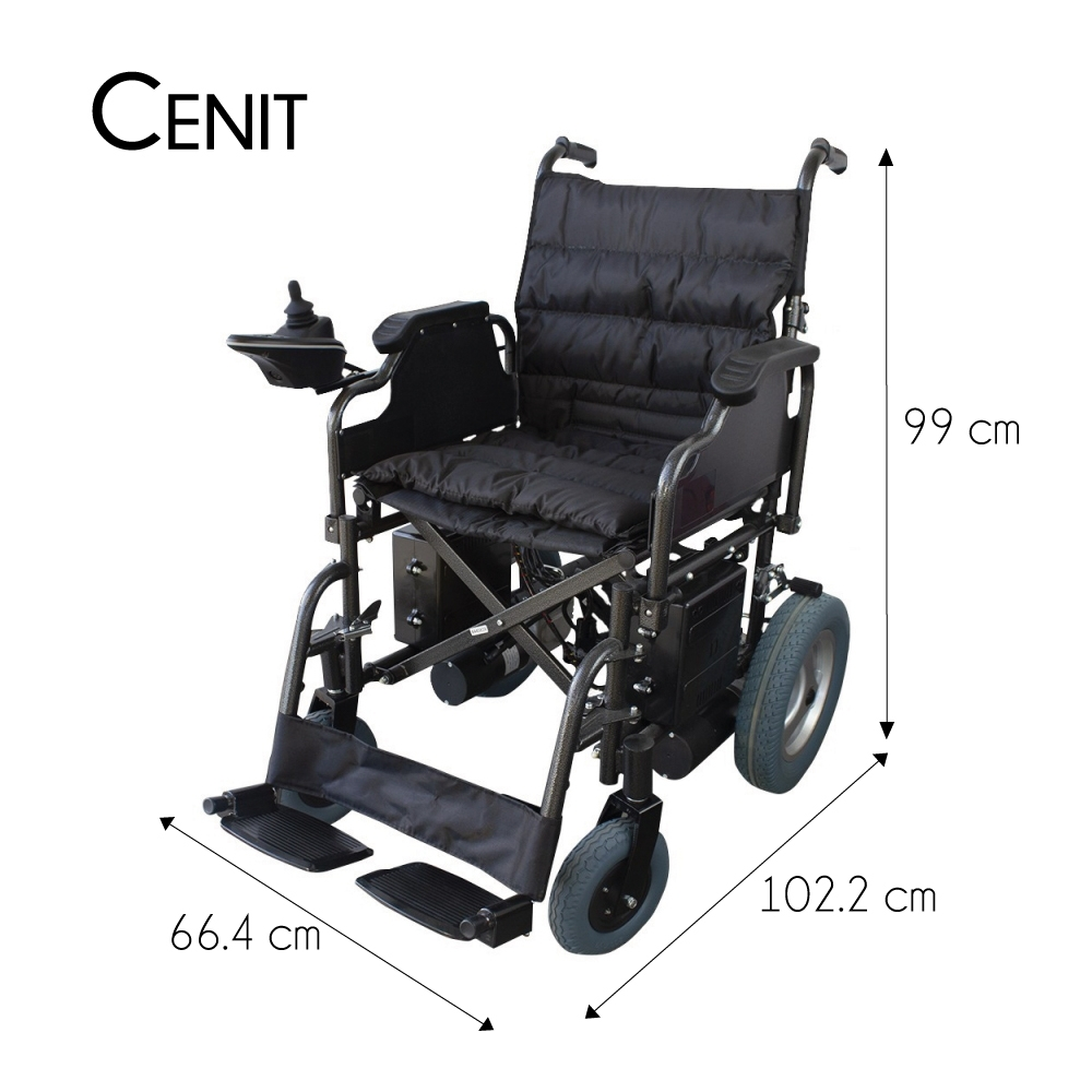 Una silla de ruedas eléctrica negra con controles, dimensiones 99x102.2x66.4 cm.