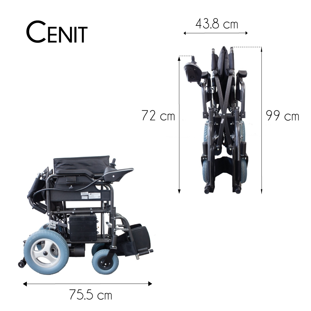 Silla de ruedas eléctrica, desplegada y plegada, con dimensiones.