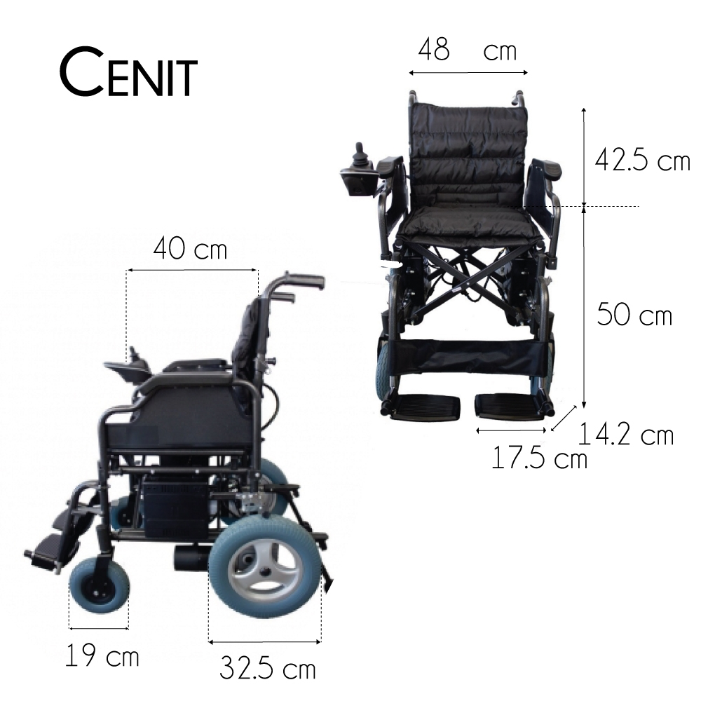 Silla de ruedas eléctrica CENIT: vista lateral y frontal con medidas.