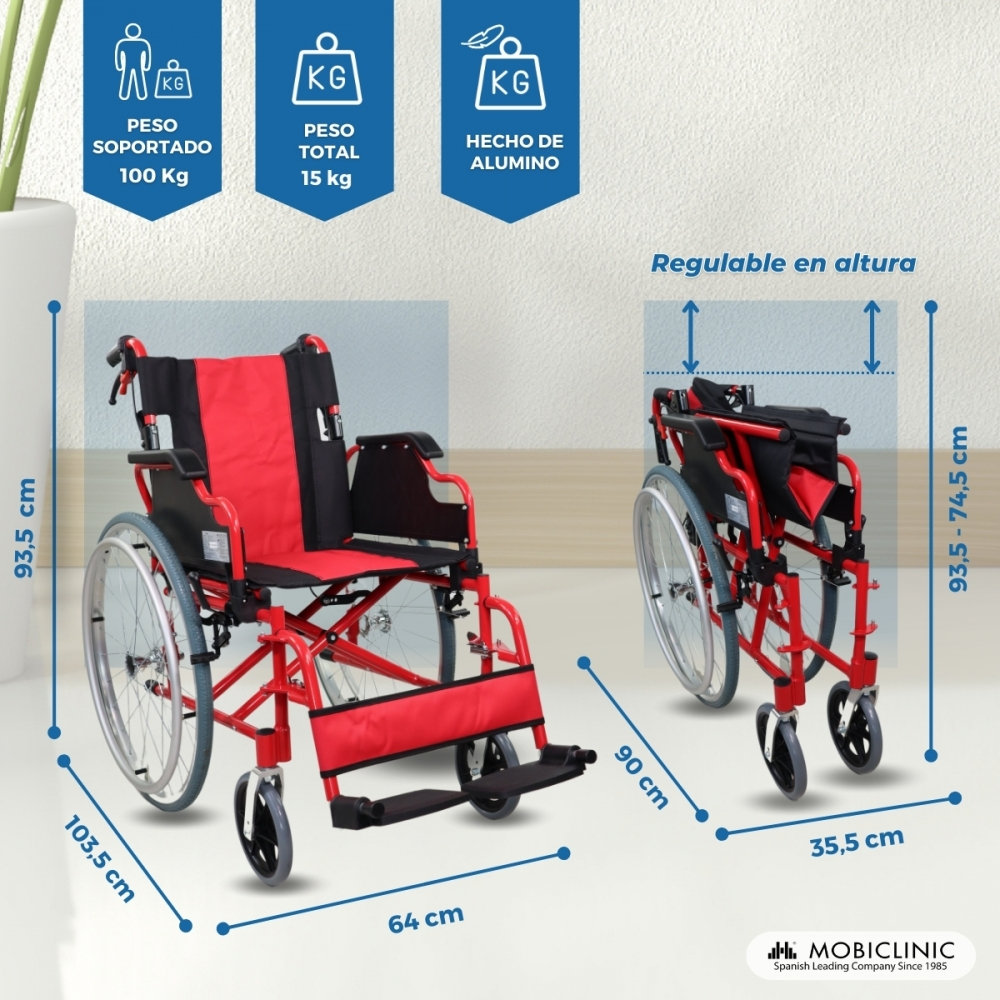 Silla de ruedas roja con dimensiones y especificaciones de peso. Una abierta, una plegada.