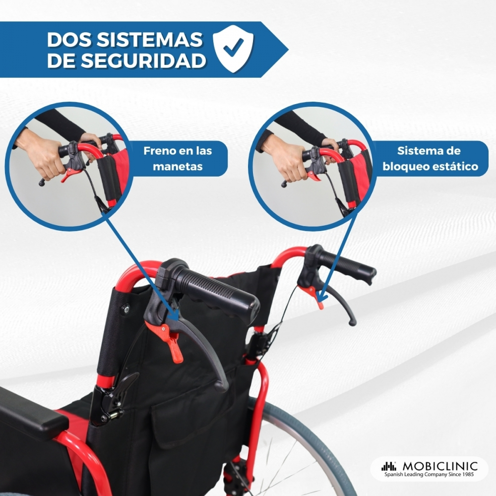 Una silla de ruedas con marco rojo y tapizado negro, mostrando dos sistemas de seguridad.