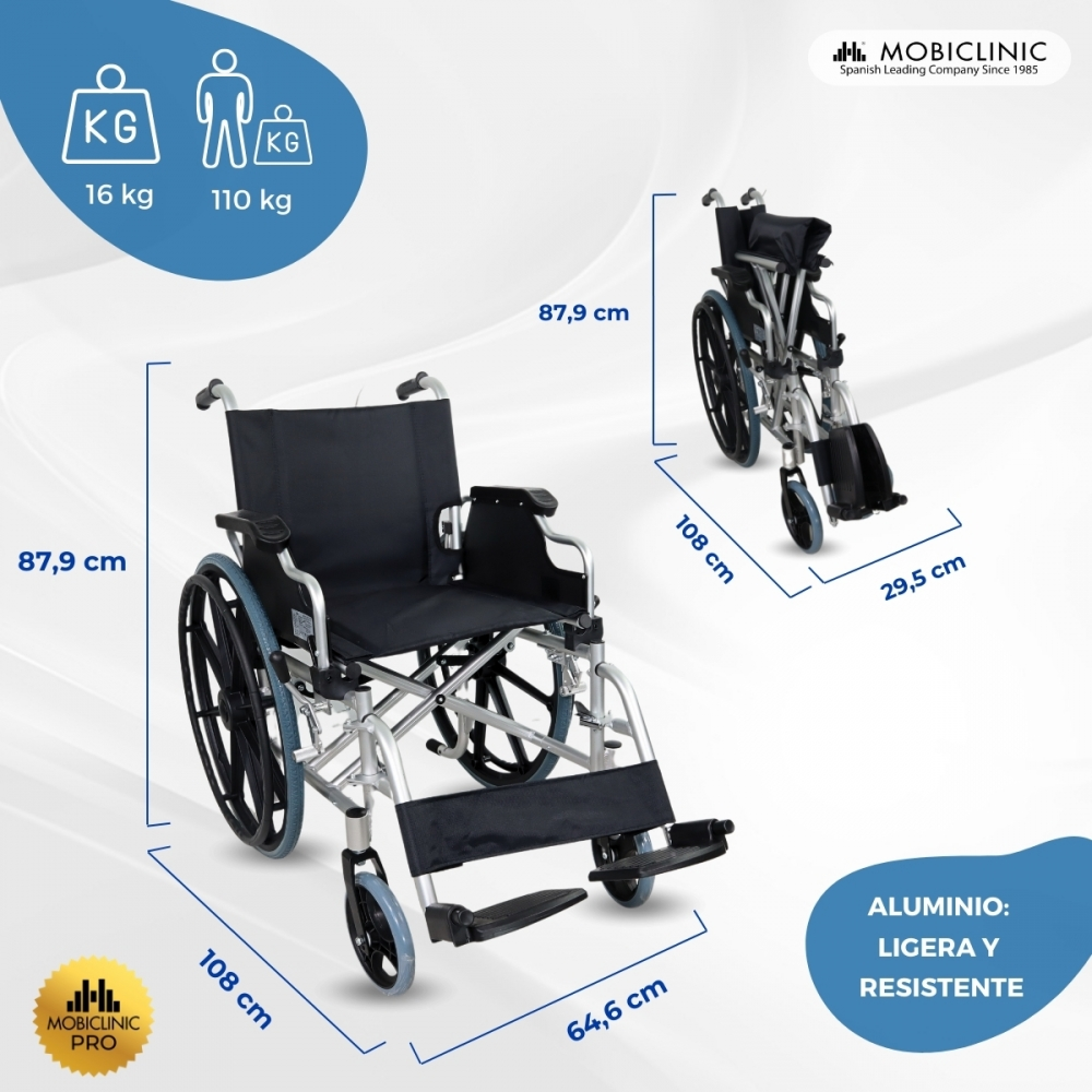Una silla de ruedas desplegada y una plegada con dimensiones.