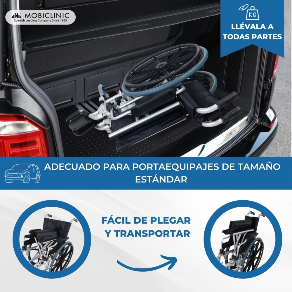 Una silla de ruedas plegada yace en el maletero de un coche. Imágenes a los lados.