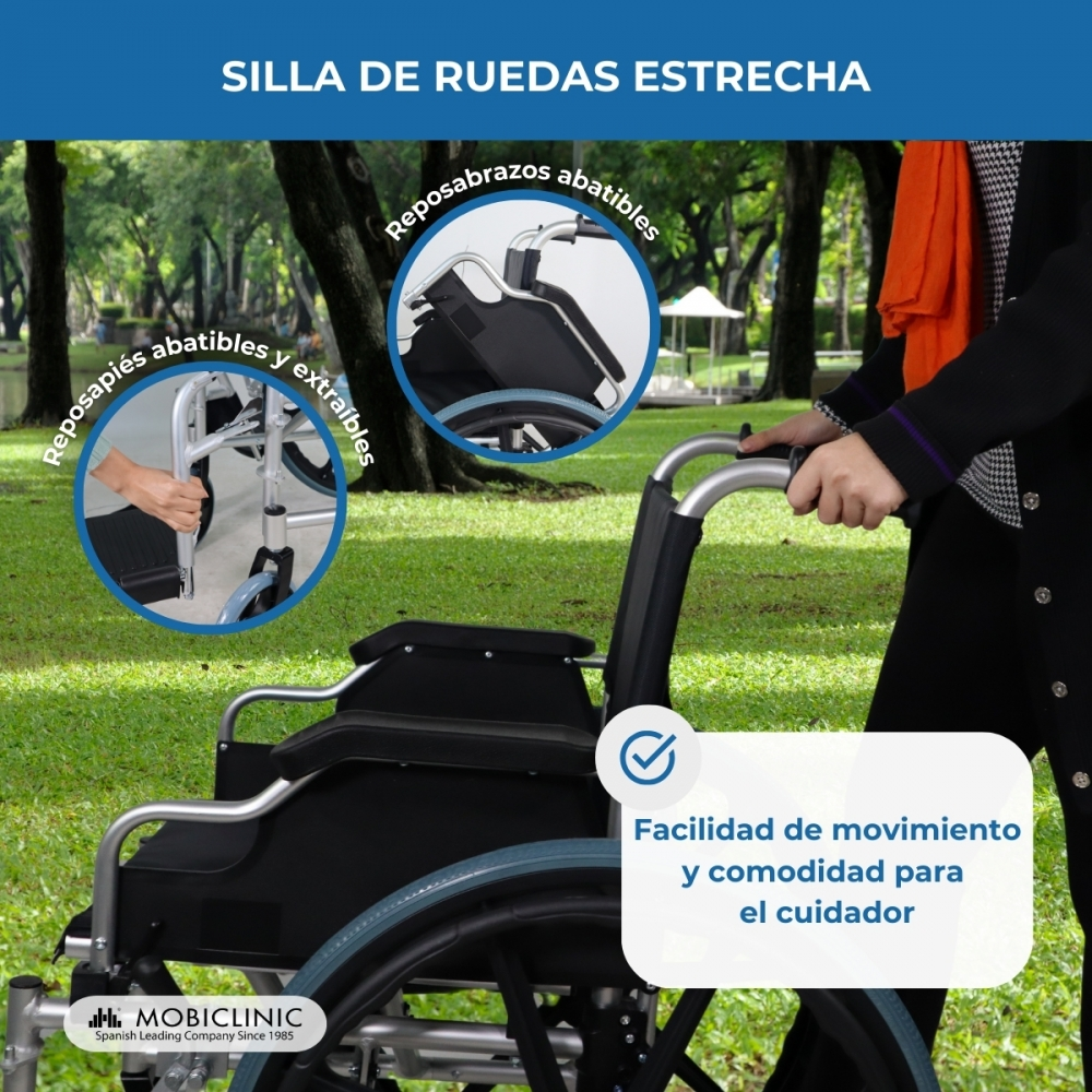 Silla de ruedas estrecha con reposabrazos y reposapiés abatibles.