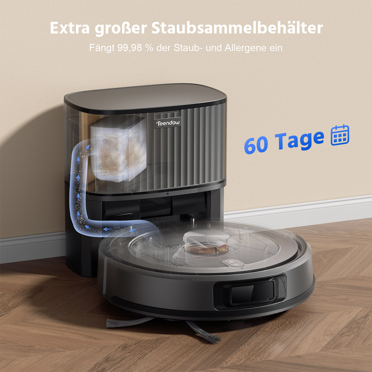 Roboterstaubsauger mit Ladestation, die 60 Tage Staub sammelt.