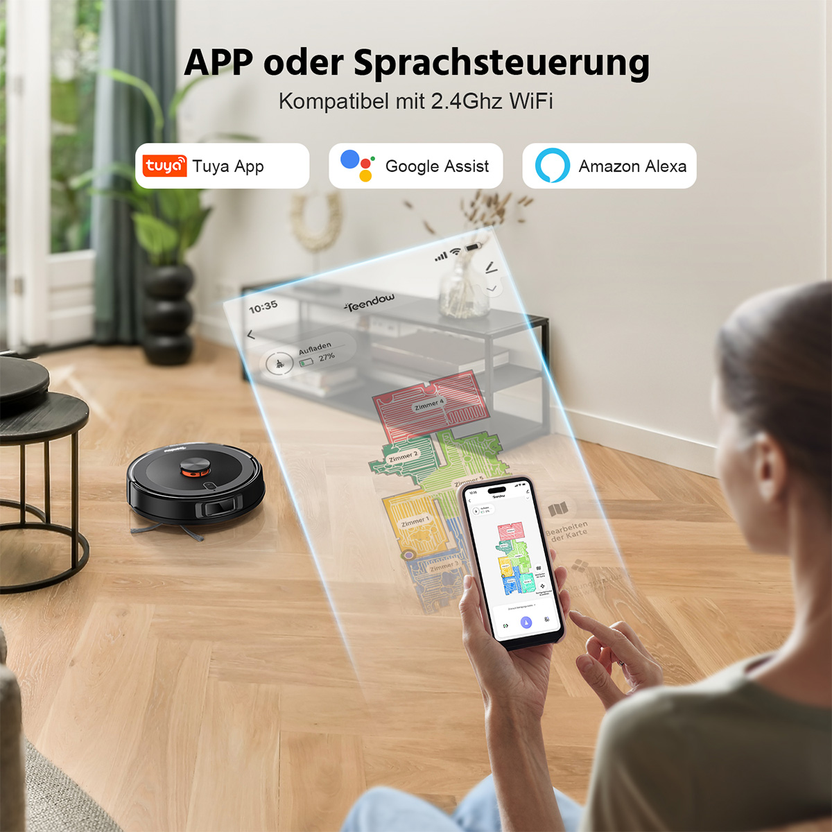 Ein Saugroboter wird von einer Person per App gesteuert, die eine Hauskarte anzeigt.