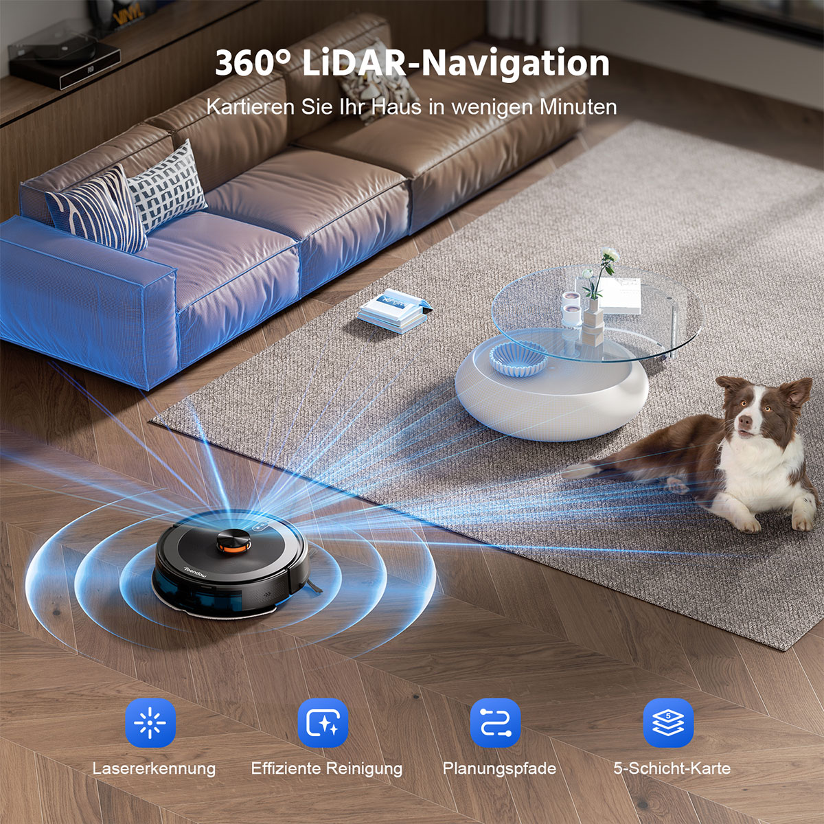 Ein Saugroboter scannt das Wohnzimmer mit LiDAR-Navigation. Ein Hund liegt auf dem Teppich.