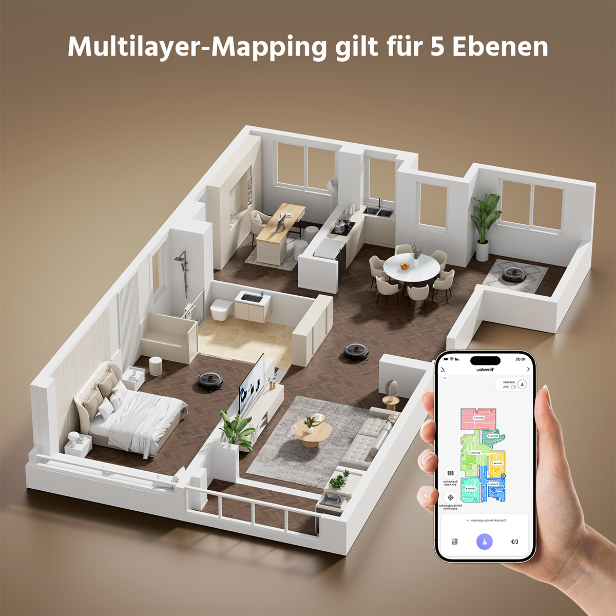 Ein 3D-Grundriss zeigt ein Haus mit Saugrobotern und einer Handy-App.